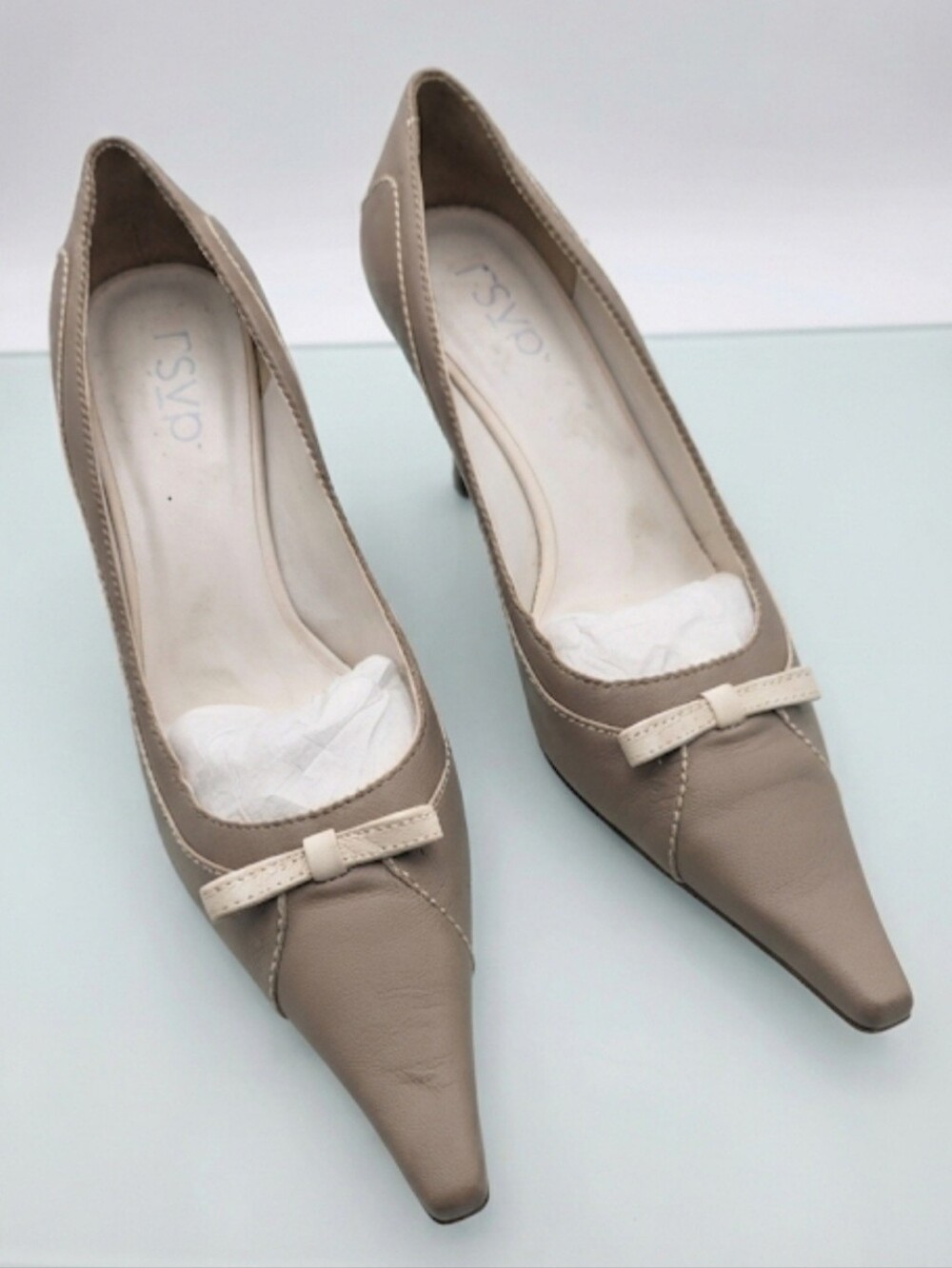 RSVP Taupe Pointed-Toe Mid-Heels with Bow Trim